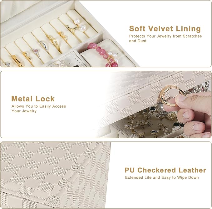 GUOER Jewelry Box for Women Girl Wife - Large PU Leather Jewelry Organizer Storage Case with 3 Layers Display for Earrings Bracelets Rings Watches (Light Khaki)