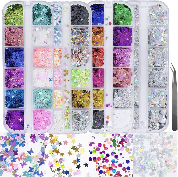 AddFavor 4 Boxes Holographic Nail Sequins Shapes Mixed Iridescent Nail Glitter Flakes Butterfly Hearts Star DIY Design Manicure Decorations Sets for Nail Art/Craft/Makeup