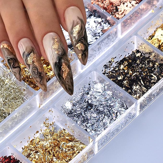 Holographic Glitter Nail Art Gold Foils,12 Colors Sparkly Champagne color and silver line Ultra-Thin Aluminum Flakes Design, Irregular Nail Sequins Acrylic Manicure Accessories DIY Charms 3D Nail Tips