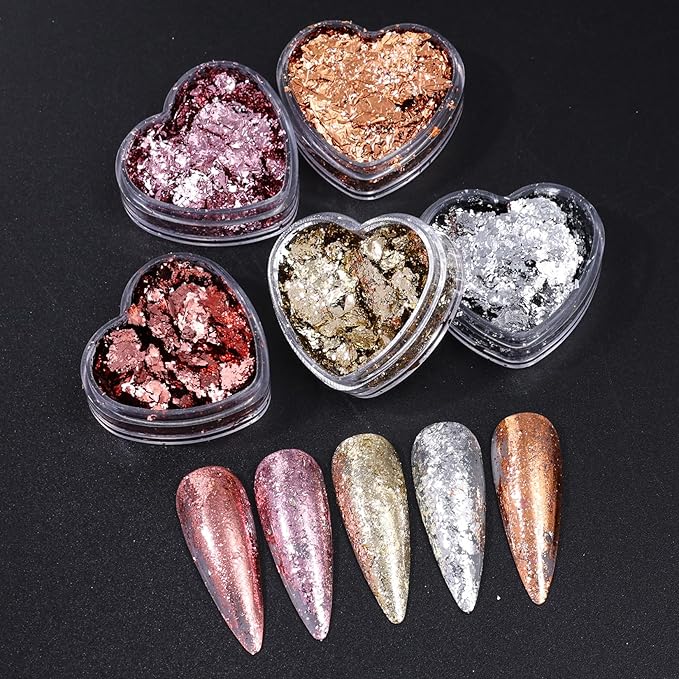 Unique Gold Flakes for Nails 12 Boxes Irregular Aluminum Golden Nail Glitter Foils Holographic Gold Foils for Nails Gradient Silver Rose-Gold Nail Art Sequins Designs DIY Charms Manicure Decorations