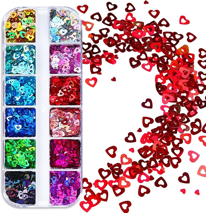 12 Colors Heart Nail Art Glitter Sequins, 3D Love Heart Nail Flakes Designs, Holographic Laser Big Small Hearts Nail Art Supplies for Women Girls Manicure Sparkle Decorations, DIY Body Makeup Crafts