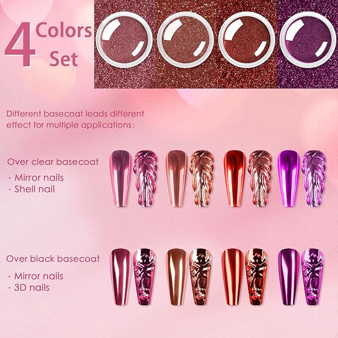 Allstarry Pink Chrome Nail Powder, Metallic 4 Colors Valentines Nails Powder Mirror Effect Manicure Pigment Pink Red Chrome Powder Glitter Dust Women Gifts Valentines Nail Art