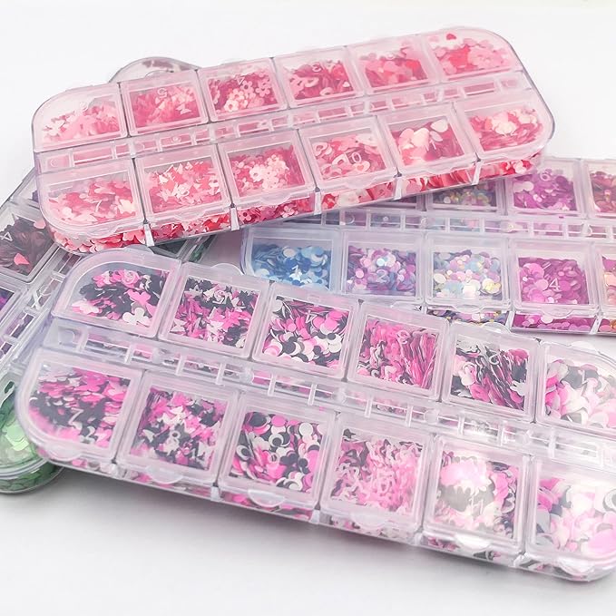 AddFavor 4 Boxes Valentine Nail Glitter Mixed Shaped Pink Purple White Heart Flower Colorful Round Sequins Lash Decals for Art Decoration/False Eyelash Decor