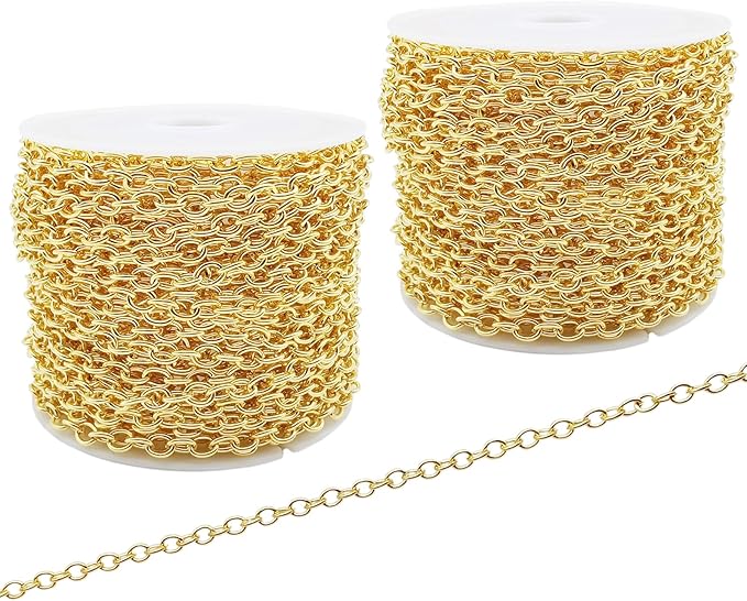 60 Feet Metal Iron Necklace Chains 3mm Bulk Curb Link Chain for Jewelry Making DIY Craft Supplies (Gold)