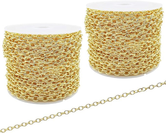 60 Feet Metal Iron Necklace Chains 3mm Bulk Curb Link Chain for Jewelry Making DIY Craft Supplies (Gold)
