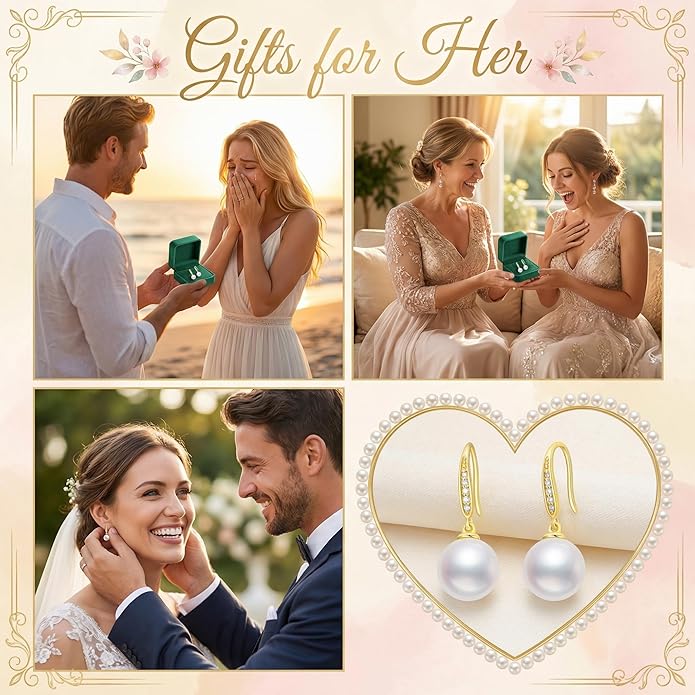 10k 14k Gold Natural Diamond and Freshwater Cultured Pearl Dangle Earrings for Women, Fine Jewelry for Her