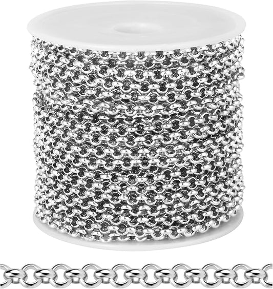 33FT Stainless Steel Rolo Chain for Jewelry Making 3.5MM Stainless Steel O Link Chains Roll for DIY Crafts Jewelry Making