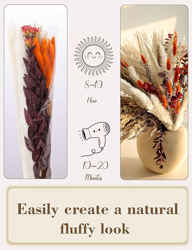 xin's convey Dried Flower Bouquet, 92 Stems Dried Flowers, Pampas Grass, Orange Roses Home Decor, Wedding Crafts, Living Room Accents, Vase Filler. (Orange)