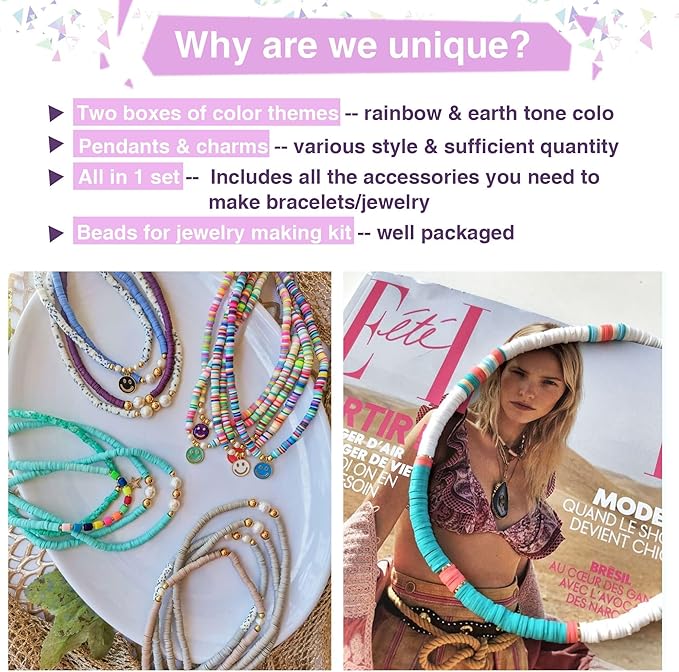 Greentime 4550 Pcs Clay Beads for Bracelet Making, 48 Colors Flat Round PolymerBeads Spacer Heishi Beads with Letter Beads and Various Pendant Charms Kits for DIY Crafts