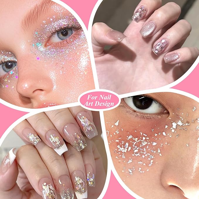 5 Boxes 60 Colors Holographic Nail Art Sequins Kit, Iridescent Sparkle Laser Hollow 3D Star Butterfly Heart Round Mixed-shapes Nail Glitter Flakes for Manicure Body Makeup Craft DIY (2-colorful-kit2)