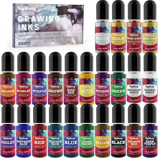 Alcohol Ink Set - 24 Bottles Vibrant Colors High Concentrated Alcohol-Based Ink, Concentrated Epoxy Resin Paint Colour Dye Great for Resin Petri Dish, Coaster, Painting, Tumbler Cup Making(10ml Each)
