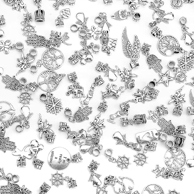 60 Pieces Assorted European Beads with Plating Silver Metal Alloy Rhinestone Large Hole Spacer Beads for DIY Charm Bracelet Jewelry Making (Alloy Pendant)