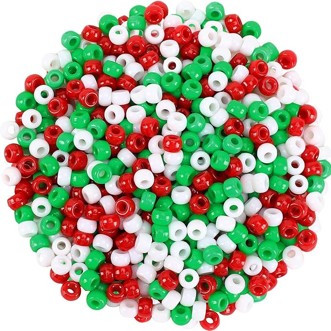 UPINS 1200Pcs Christmas Pony Beads Friendship Plastic Small Hair Beads Red Green White Pony Beads for Necklace Supplies (Christmas)