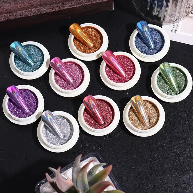 10 Colors Holographic Laser Nail Powder, Holo Aurora Iridescent Metallic Mirror Laser Effect Chrome Pigment Glitter Dust for Nail Art DIY Decorations, Sponge Tool/10PCS, Nail Swatch Sticks/24PCS