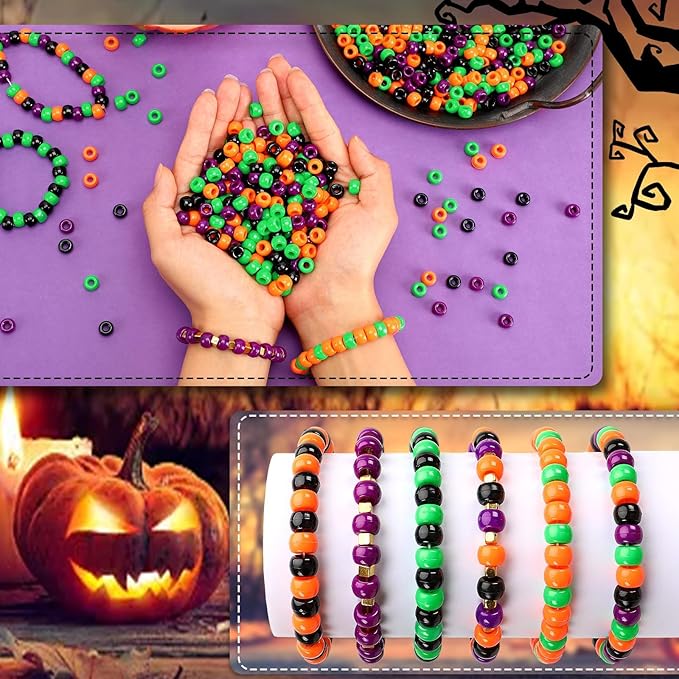 UPINS Halloween Pony Beads,1200Pcs Black Purple Orange Green Round Plastic Beads for Jewelry Making Halloween Party Decoration Necklace Bracelets Earrings Hair Beads DIY Crafts