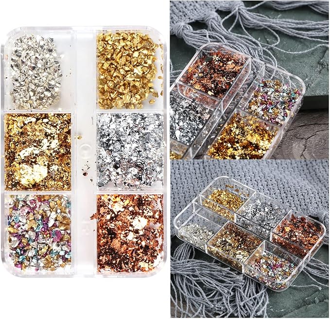 6 Grids Metallic Nail Art Foil Flakes,Gold Nail Glitter Flake Holographic Glitters Sequins 3D Sparkly Aluminum Foil Flake Gold Silver Nails Glitter Flakes Nail Art Supplies for Women