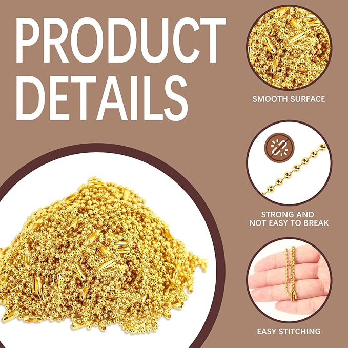 300 Pcs Gold Ball Chain Bulk,Metal Bead Chain,Keychain Chains,Gold Nickel Plated Metal 3.9" Long 2.4mm Ball Bead Chains,for Hanging Christmas Decoration