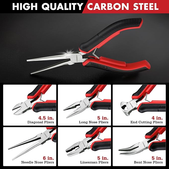 ARROW Mini Pliers Set, 6-Piece Precision Jewelry & Craft Kit – Includes Needle, Diagonal, Long, Bent, End Cutting & Lineman Pliers for Electronics, Crafts & DIY, with Pouch