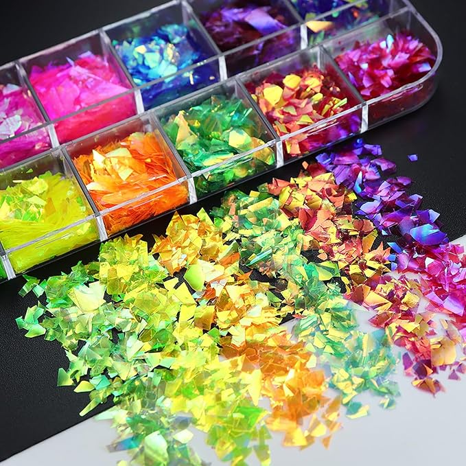 Vezocim Iridescent Glitter Nail Art Sequins, Holographic Transparent Irregular Ultra Thin Nail Art Glitter Flakes Designs, Mermaid Nail Glitter Acrylic Supplies Decorations for Women Manicure Art