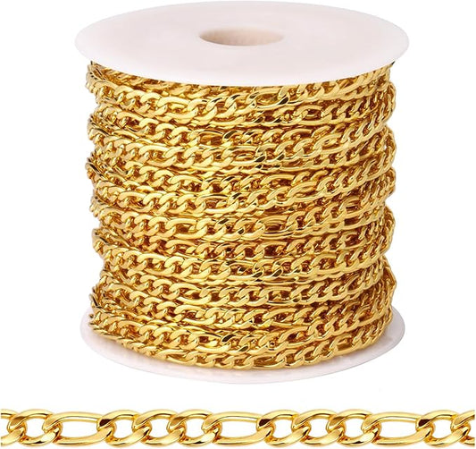 [33ft] 18K Gold Plated Figaro Chain for Jewelry Making, 3.5mm Wide 304 Stainless Steel Figaro Link Chain Roll Bulk for DIY Jewelry Making Craft