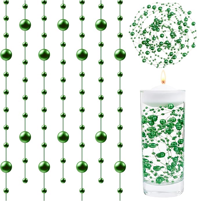 LAIDANLA 30 Pcs Green Artificial Floating Pearls for Vases Faux Pearl Beads String for Garland Vase Filler Floating Candle Wedding Holiday St. Patrick's Party Table Centerpiece Vases Decor