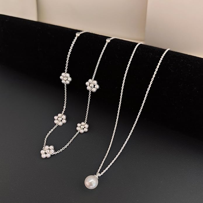 Pearl Necklaces for Women 14K Gold Plated Dainty Layered Single Pearl Necklace Simple Daisy Pearls Choker Cute Gold Necklace Stack Jewelry Sets for Women Trendy Gifts