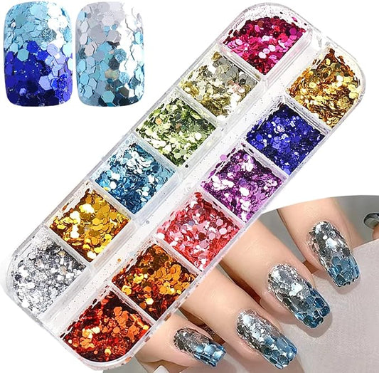 Mermaid Glitter Nail Art Sequins, 12 Colors Hexagon Shape Glitter Flakes Design, Holographic 3D Sparkly Acrylic Nails Supplies for Women Girls Manicure Shiny Decorations, DIY Resin Nail Art Tips