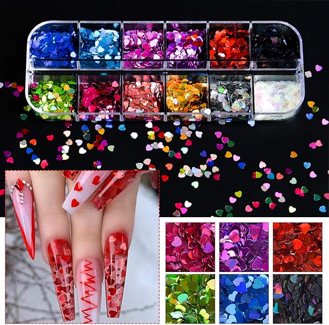 36 Colors Heart Glitter Nail Art Sequins, EBANKU Holographic Heart Shaped Nail Sequin Laser Heart Nail Flake Glitter Decals for Valentine's Day Face Eyes Nail Decoration DIY Craft (3 Boxes)