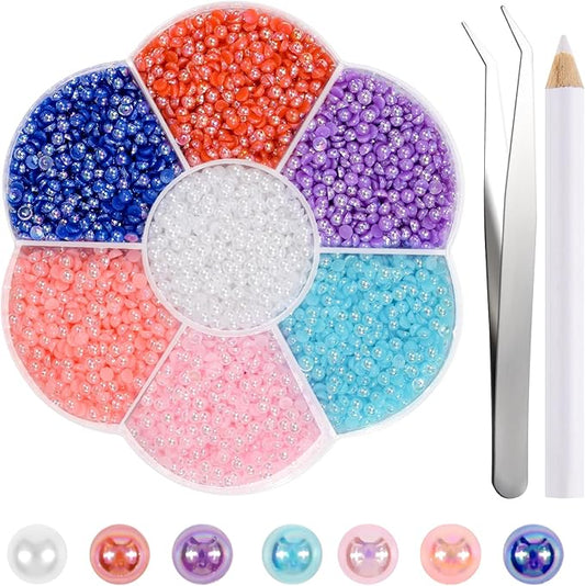 NACHLYNN 6480 Pcs Flat Back Pearl 7 Sizes Mixed Colors AB Half Round Beads for Crafts Embellishment - Peach Flatback Pearls for Shoes, Clothes, Bags DIY Making