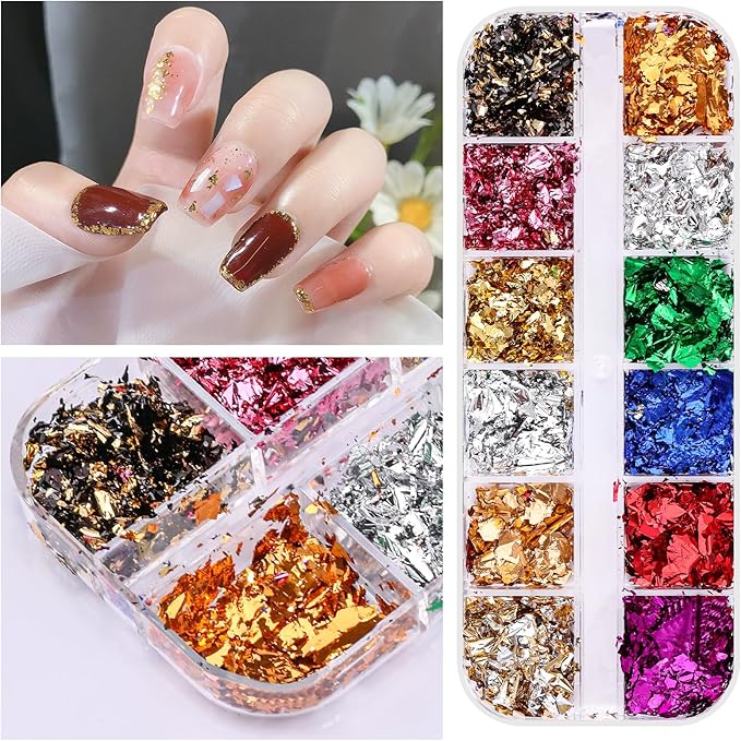5 Boxes 60 Colors Holographic Nail Glitter Gold Foils Kit, Nail Foil Flakes Laser, 3D Irregular Thin Foil Nail Art Flakes Design Nail Sequins Supplies for Manicure Body Makeup Craft DIY