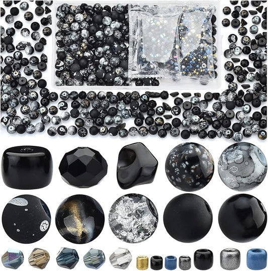 Glass Beads for Jewelry Making Adults, Black Bracelet Beads Set, 900pcs Including 8mm Assorted Round Beads, 4mm Bicone Crystal Beads, 2-4mm Spacer Seed Beads for Phone Charm, Earring, Necklace