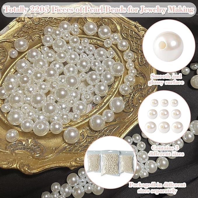 800 Pcs Pearl Beads with Hole, 6mm 8mm 10mm Round Pearls for Crafts, Jewelry Making Supplies, DIY Beads for Necklaces, Bracelets, Wedding Decoration, Stuffing (Ivory White)