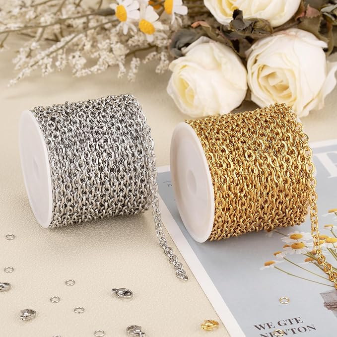 SMYHTGLIF 2 Rolls Total 32.8 Feet Gold and Silver Chain for Jewelry Making Stainless Steel Cable Chain Roll Oval Link Bulk Chain Craft Jewelry Making Chains
