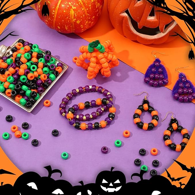 UPINS Halloween Pony Beads,1200Pcs Black Purple Orange Green Round Plastic Beads for Jewelry Making Halloween Party Decoration Necklace Bracelets Earrings Hair Beads DIY Crafts