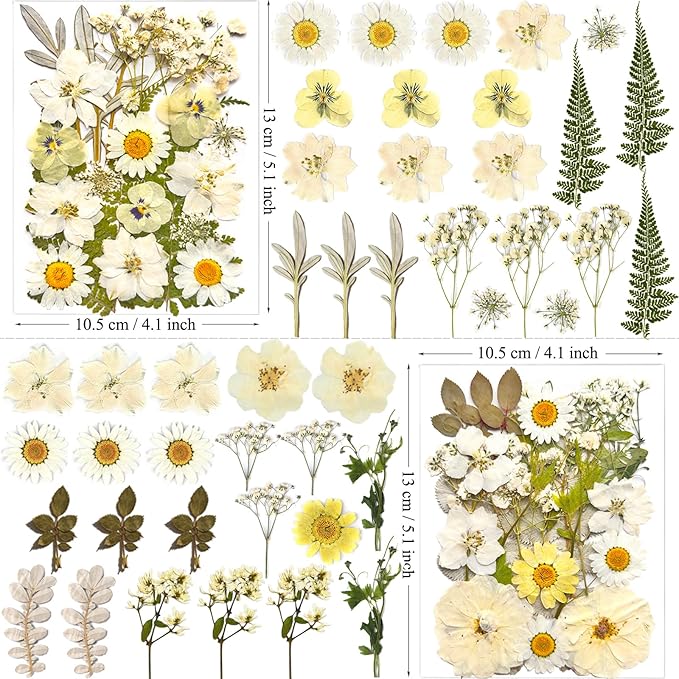 MIKIYA 90Pcs White Dried Pressed Flowers for Resin Molds, Real Natural Bulk Dry Floral Leaves for DIY Art Crafts, Epoxy Jewelry, Candle, Soap Making, Nails Decors Gifts