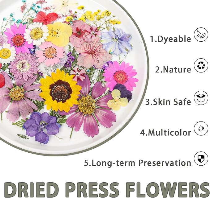 200Pcs Dried Pressed Flowers Resin Mould Real Flowers Natural Dry Leaves Bulk Mixed Colorful Herbs Kit with Tweezers for Scrapbooking DIY Candle Jewelry Crafts Making Nails Decoration(Multicolor)