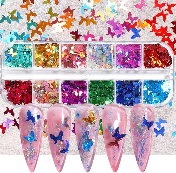 Butterfly Glitter Nail Art Sequins, 3D Sparkly Butterflies Nail Flakse Designs, 12 Colors Holographic Laser Big Small Butterfly Nail Supplies for Women Manicure Sparkle Decorations, DIY Shiny Nail Art