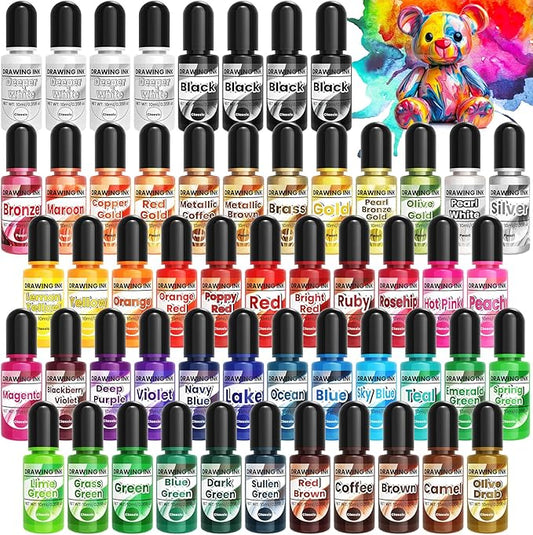 Alcohol Ink - 54 Vibrant Colors Alcohol Ink Set for Epoxy Resin, Pearl Colors Long Last Epoxy Dye for Resin Art, Tumblers, Petri Dish Making, Painting - Safe and Non Toxic - 10ml