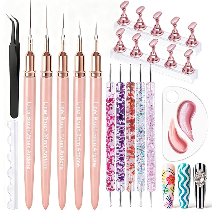 Artdone Nail Art Pens And Brushes Set With Liner Paint Dotting Tools, 11PCS Black Color Nail Tools For Long Lines, Thin Details, Fine Drawing For UV Gel Polish Design Sizes 5/8/12/20/25mm