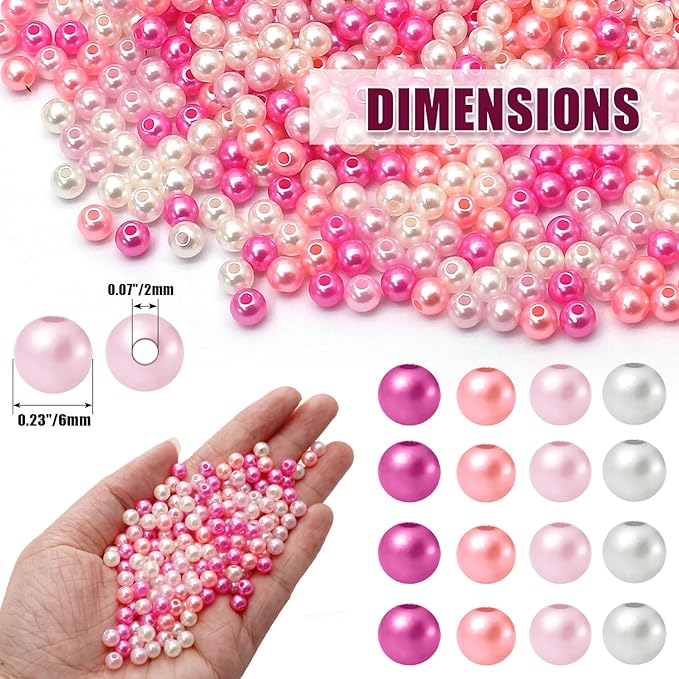 1000pcs Pearl Beads for Jewelry Making, 6mm Pink Series Plastic Beads for DIY Crafting Bracelets, Necklaces, Earrings