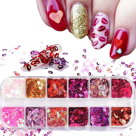 Lips Glitter Nail Art Sequins, 3D Sparkly Mouth Shaple Nail Flakes Designs, 12 Colors Sexy Lips Nail Glitters Supplies for Women Girls Manicure Powder Charms Decorations, DIY Shiny Nail Art Tips