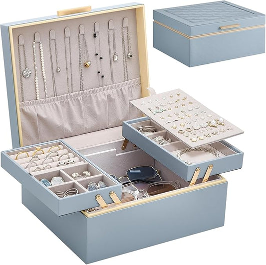Lolalet Jewelry Box Organizer for Women Girls, 2 Layer Jewelry Organizers and Storage for Necklace Earrings Rings Bracelets, Large Jewellery Holder Case Birthday Valentine Gifts -HazeBlue