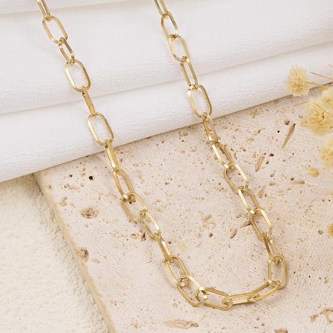 GTVOODX 16.4 Feet 18K Gold PVD Plated Paperclip Chain Roll, Stainless Steel 5x10mm Soldered Oval Link Chain Bulk for DIY Jewelry Making with Lobster Clasps and Jump Rings