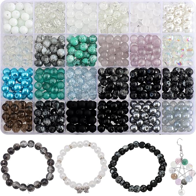 Rired 27 600pcs 8mm Round Glass Beads for Jewelry Making, 24 Colors Crystal Glass Beads Kit Including Crackle/Stone/Pearl Beads for Bracelet Necklace DIY Supplies Adults Christmas Decoration