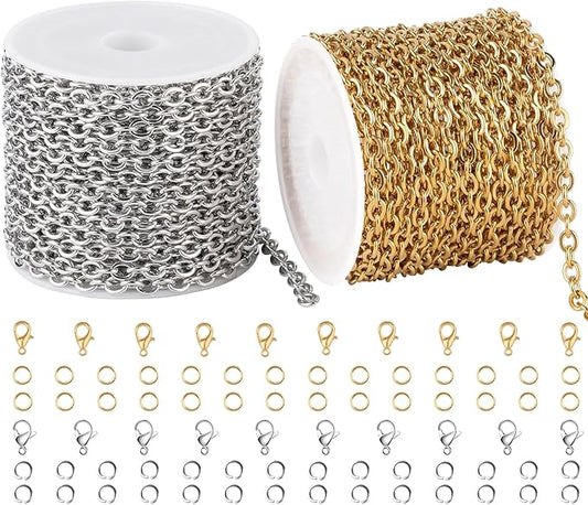 SMYHTGLIF 2 Rolls Total 32.8 Feet Gold and Silver Chain for Jewelry Making Stainless Steel Cable Chain Roll Oval Link Bulk Chain Craft Jewelry Making Chains
