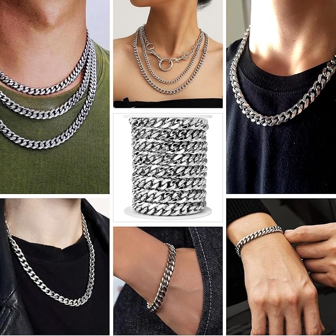 16.5 Feet Stainless Steel Cuban Chains Roll, 9mm Width Chunky Curb Link Chains Spool Bulk for Jewelry Meking