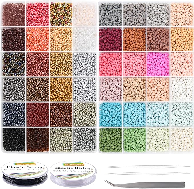 EuTengHao Glass Seed Beads for Bracelet Making Kit, 8/0 Small Pony Beads for Bracelet Necklace Jewelry Making DIY Crafting (3mm, 48 Colors, Frosted Glass and Lacquered)