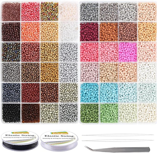 EuTengHao Glass Seed Beads for Bracelet Making Kit, 8/0 Small Pony Beads for Bracelet Necklace Jewelry Making DIY Crafting (3mm, 48 Colors, Frosted Glass and Lacquered)