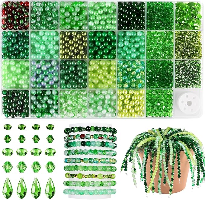 Funtopia 1600pcs Green Glass Beads for Bracelets, 6mm Crystal Beads for Jewelry Making Beaded Plants, Round Glass Beads with Faceted Bead Seed Beads for DIY Plant Making Crafts Earrings Necklace