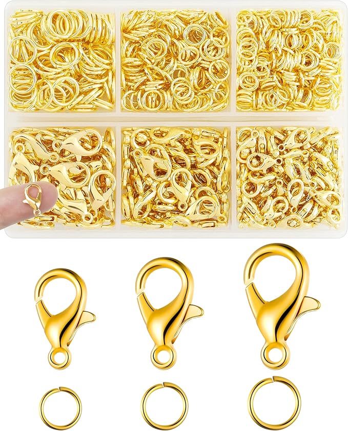 900PCS FIVEIZERO Lobster Claw Clasps and Jump Rings Set - Gold Jewelry Clasps for Necklace, Bracelet, Keychains, and DIY Jewelry Making Supplies